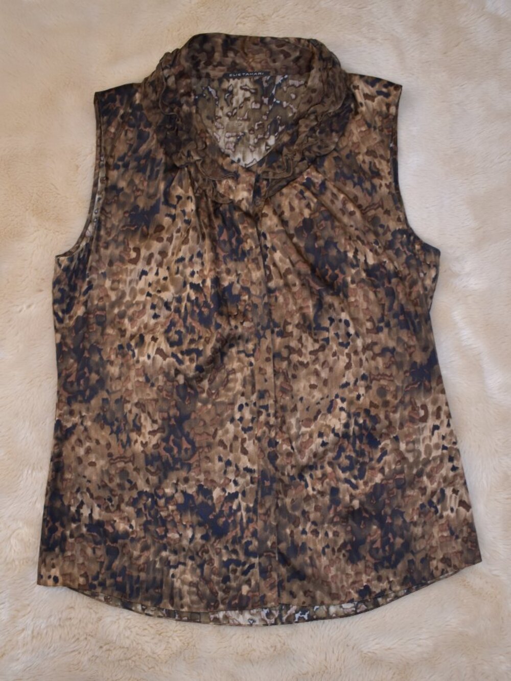 Elie Tahari Silk Sleeveless Blouse Brown Animal Print Ruffle Neck Top Medium - Picture 3 of 12